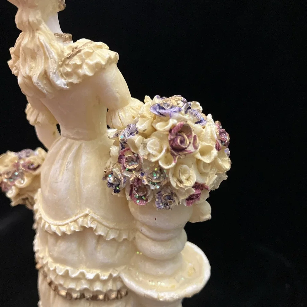 Vintage Victorian Woman w/ Basket of Shimmery Flowers Colonial Lady Figurine